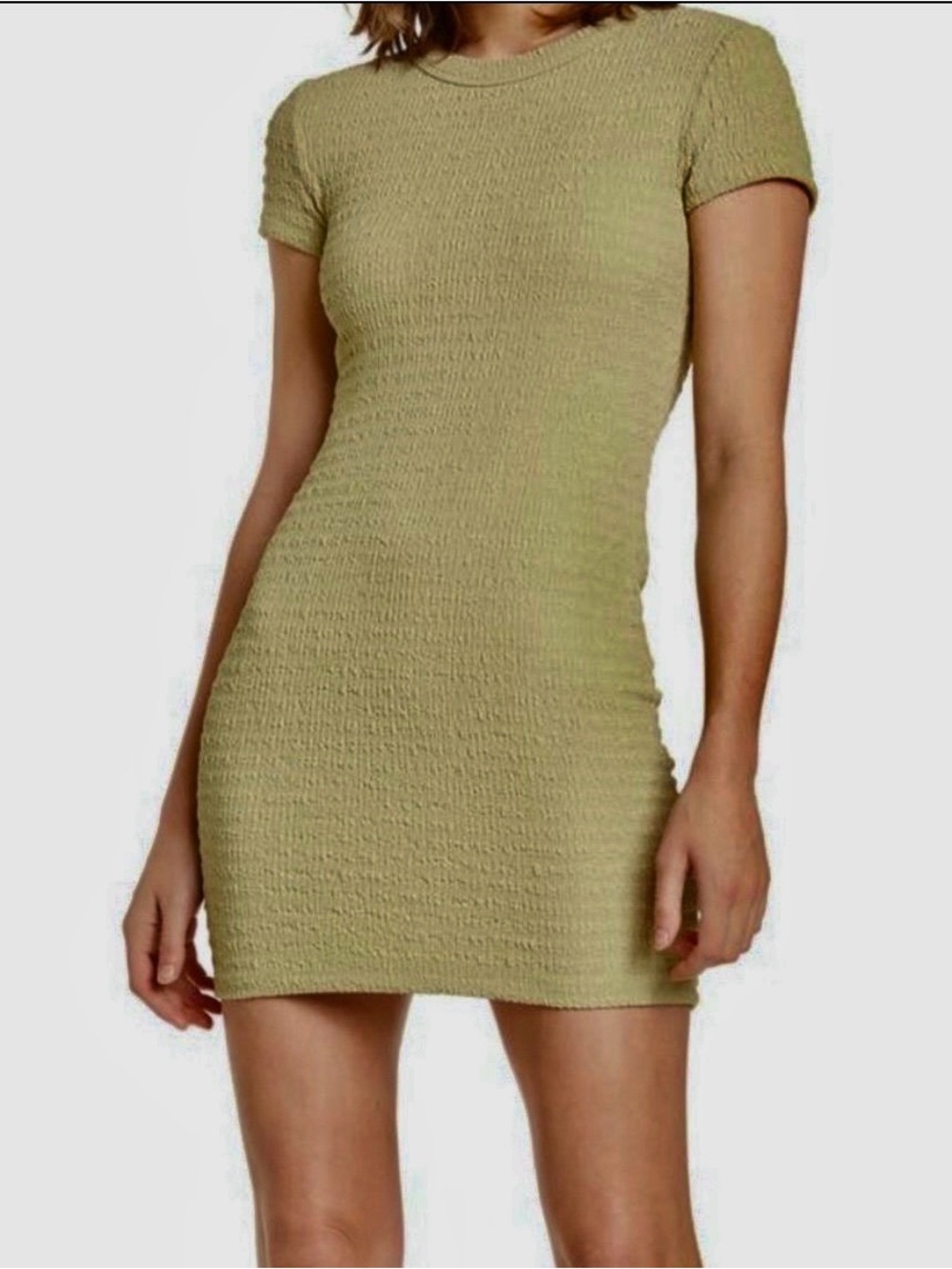 Elodie Sage Green Textured Short Sleeve Bodycon Mini Dress Size Small